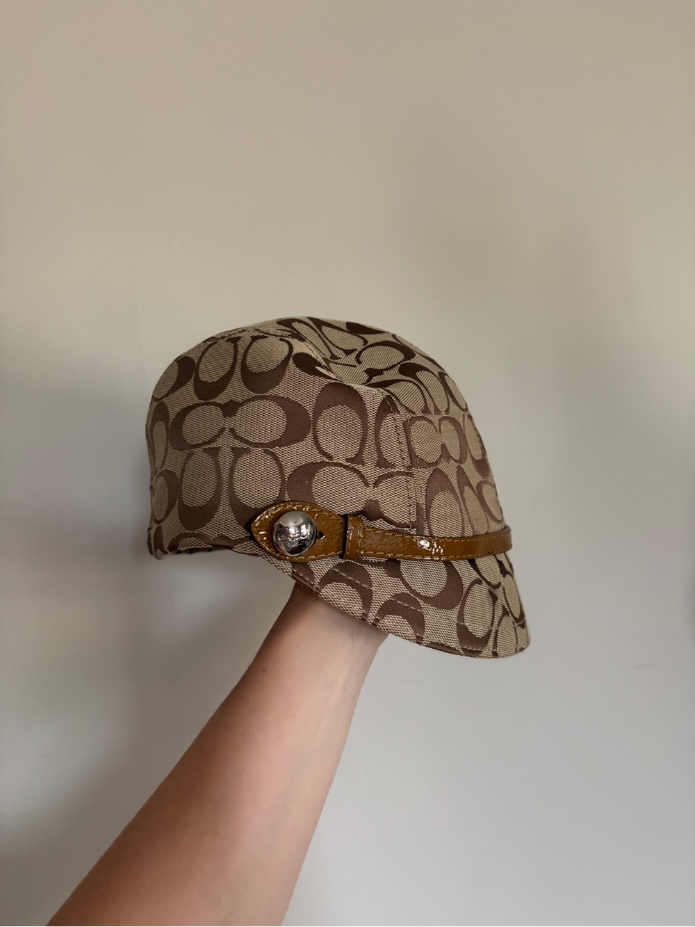 Y2K Vintage Coach Signature Karee Newsboy Cap Brown Monogram Patent Leather